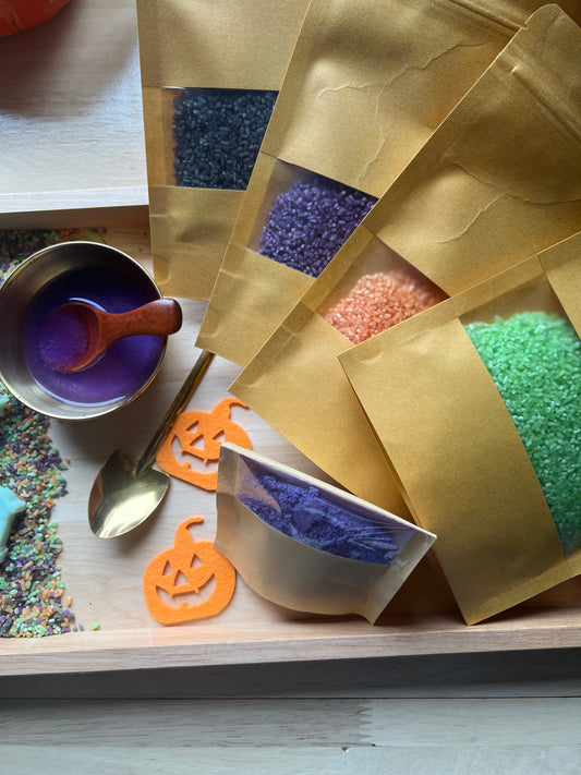 Halloween-Bruchreis– 4er-Set (bunt gefärbt) | Sensorik Reis | Sensory Play