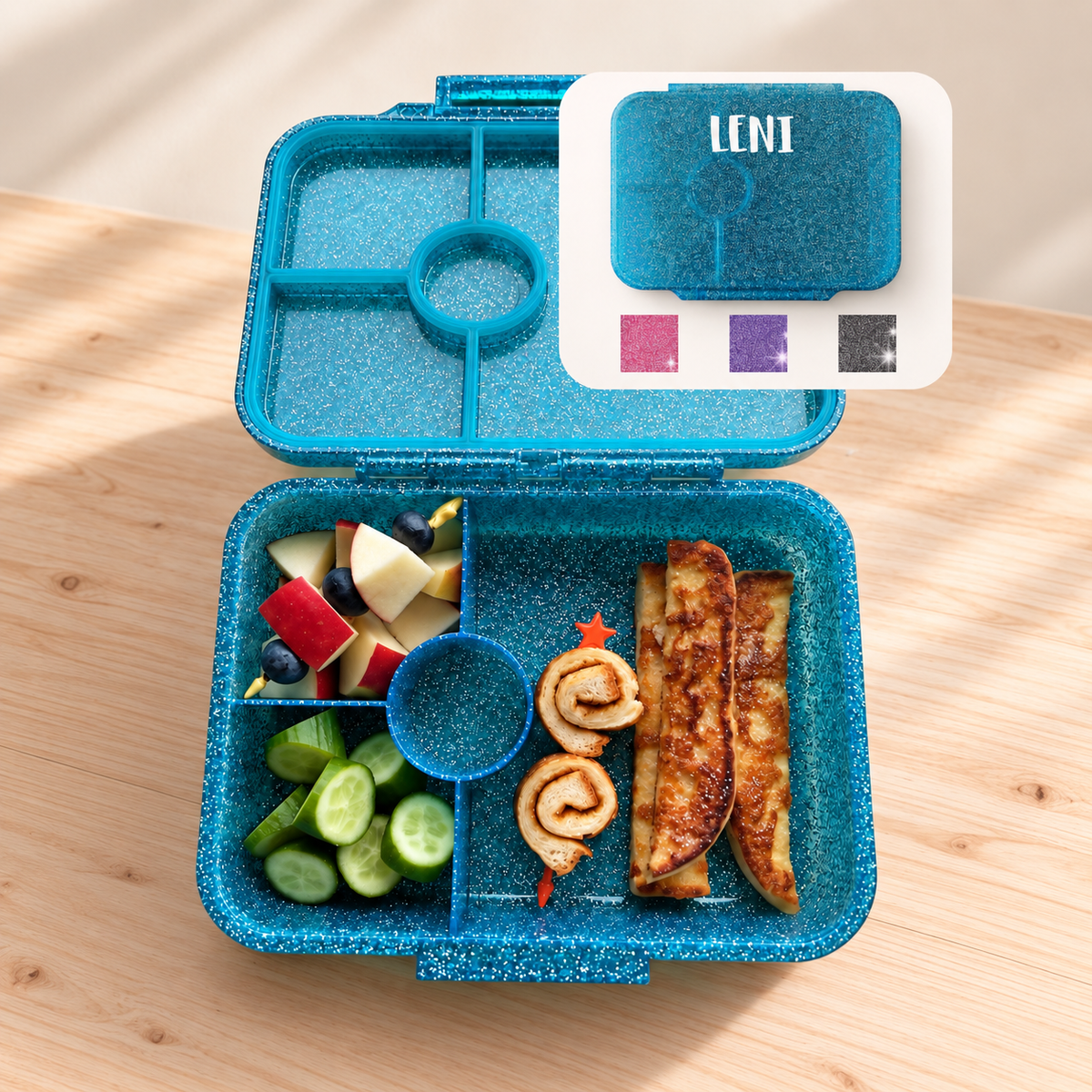 LEKKABOX® Glamour Glitzer-Brotdose mit 4 Fächern | mit Namen