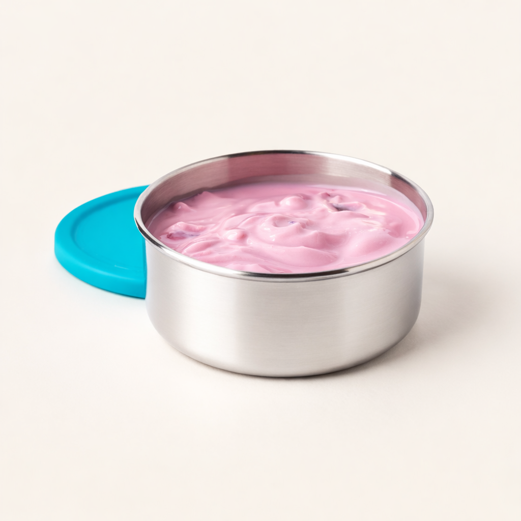 Auslaufsichere Edelstahl Snackdose rund mit Silikondeckel – ideal für Joghurt und Dips