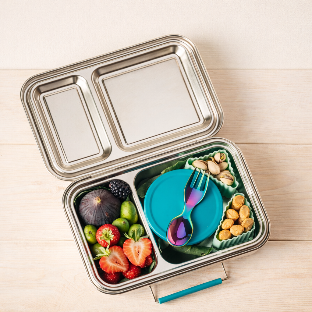 Edelstahl Snackdose in Brotdose – auslaufsichere Dipdose für Lunchbox
