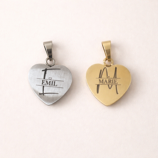 Herz Kettenanhänger graviert – Edelstahl personalisiert – Kindername, Initiale