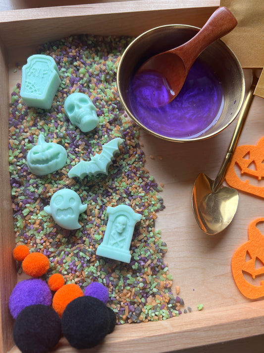 Großes Halloween-Sensorik-Set – Zauberpulver, Wachsfiguren & mehr | Handmade | Sensory Play
