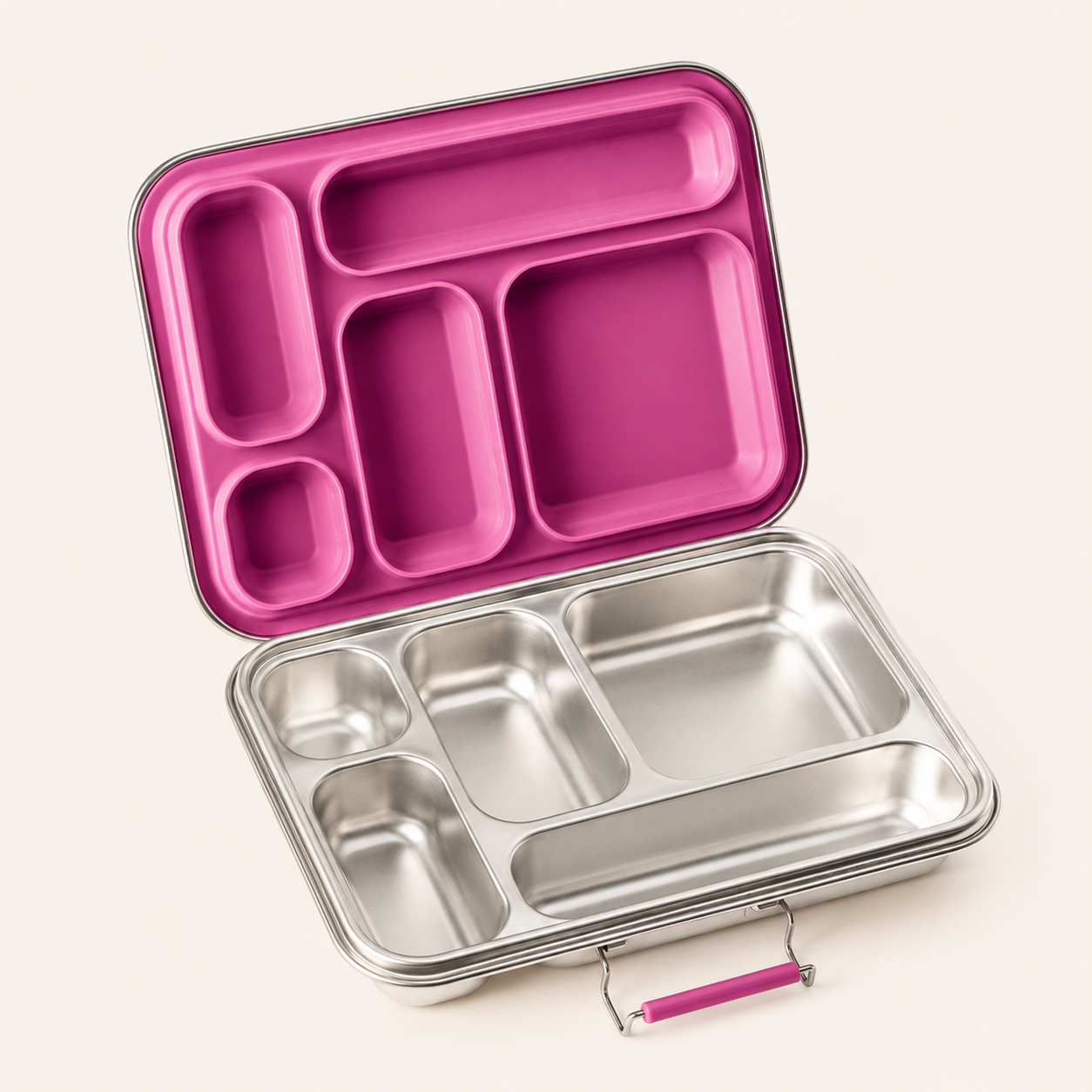 Geöffnete LEKKABOX® GRANDE Edelstahl Lunchbox mit 5 Fächern und Berry-farbenem Silikoneinsatz – große Brotdose für Schule, Arbeit und unterwegs.