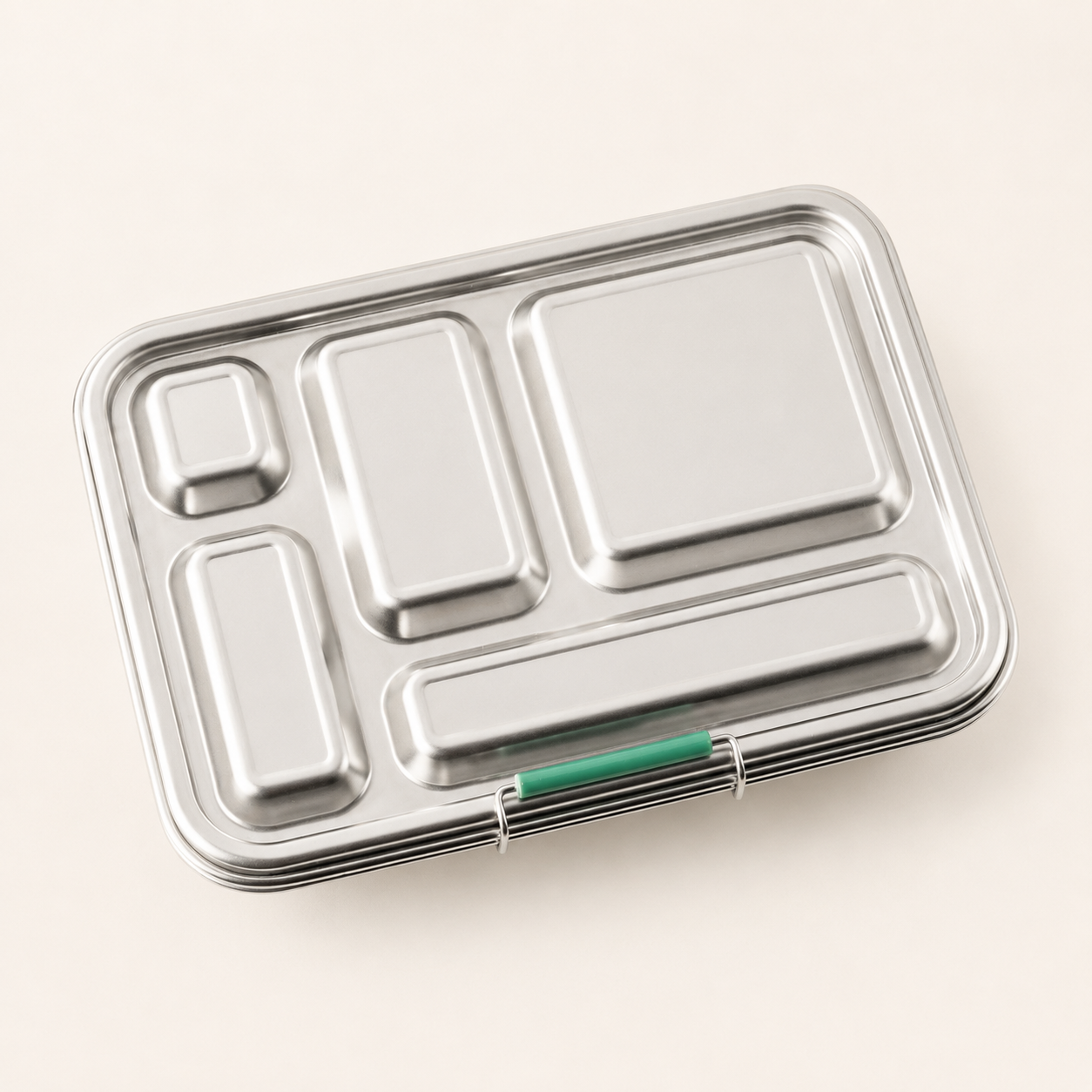 Geschlossene LEKKABOX® GRANDE Edelstahl Lunchbox mit 5 Fächern und grünem Verschluss – robuste Brotdose für Schule, Büro und unterwegs