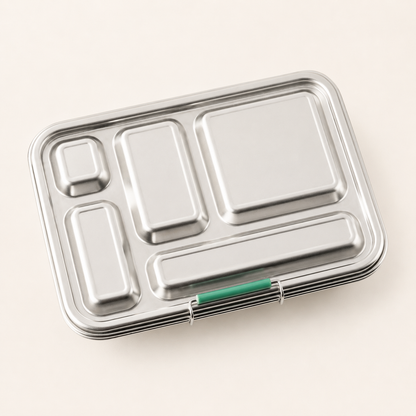 Geschlossene LEKKABOX® GRANDE Edelstahl Lunchbox mit 5 Fächern und grünem Verschluss – robuste Brotdose für Schule, Büro und unterwegs