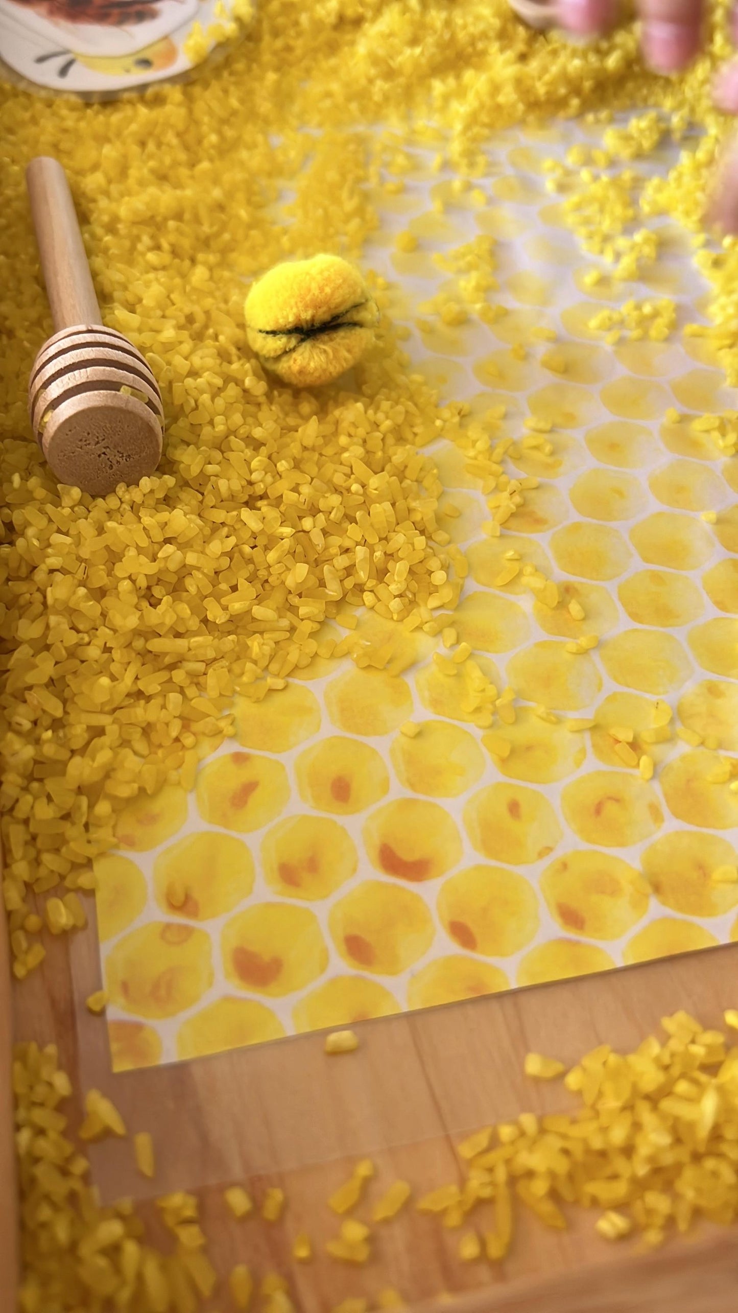 Honigbienen Sensorik-Set | Montessori inspiriert | Reis mit Glitzer & Duft | Spielideen und Holzlöffel