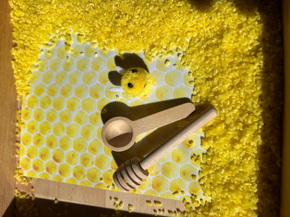 Honigbienen Sensorik-Set | Montessori inspiriert | Reis mit Glitzer & Duft | Spielideen und Holzlöffel