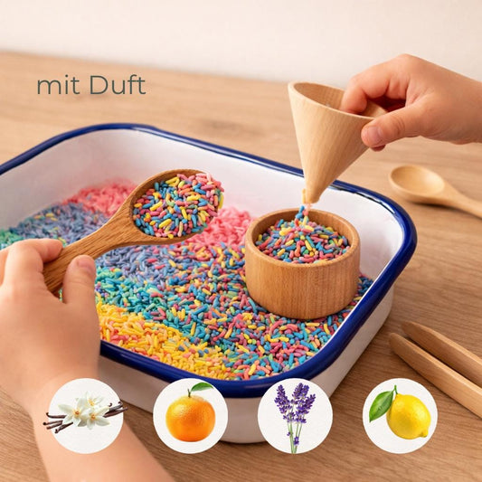 Duft Sensorik Reis für Kinder – Montessori Spielmaterial mit Baldini Duftöl | Sensory Play Rice 200g | Farbiger Reis