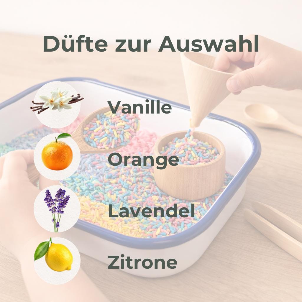 Duft Sensorik Reis für Kinder – Montessori Spielmaterial mit Baldini Duftöl | Sensory Play Rice 200g | Farbiger Reis