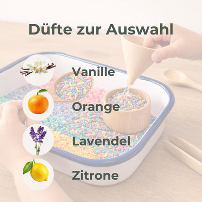 Duft Sensorik Reis für Kinder – Montessori Spielmaterial mit Baldini Duftöl | Sensory Play Rice 200g | Farbiger Reis