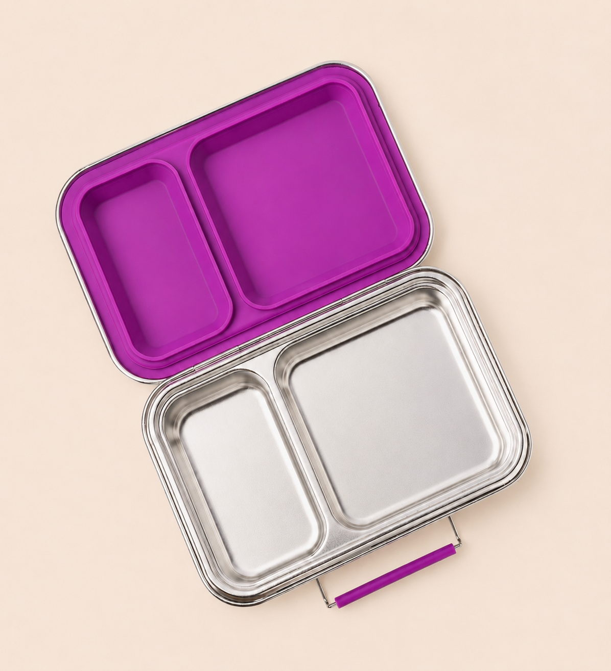 LEKKABOX Duo Edelstahl-Brotdose mit 2 Fächern offen in Berry – langlebige Edelstahl Lunchbox mit Silikondichtung