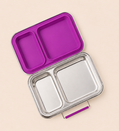 LEKKABOX Duo Edelstahl-Brotdose mit 2 Fächern offen in Berry – langlebige Edelstahl Lunchbox mit Silikondichtung