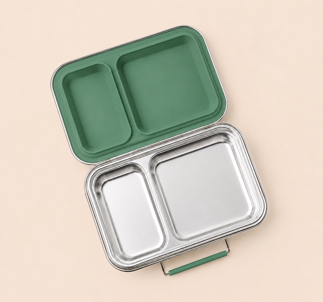 LEKKABOX Duo Edelstahl-Brotdose mit 2 Fächern offen in Forest – robuste Bento Lunchbox aus Edelstahl