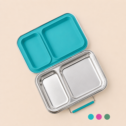 LEKKABOX Duo Edelstahl-Brotdose mit 2 Fächern offen in Türkis – auslaufsichere Lunchbox für Kindergarten, Schule und Arbeit