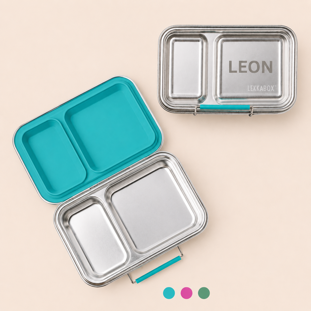 LEKKABOX Duo Edelstahl-Brotdose mit 2 Fächern, optional mit Namensgravur erhältlich und in den Farben Türkis, Berry und Forest verfügbar.