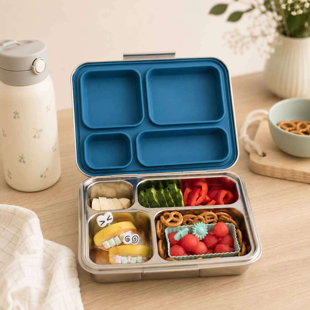 LEKKABOX Maxi Edelstahl-Brotdose mit 4 Fächern im Alltag befüllt mit Obst, Gemüse und Snacks
