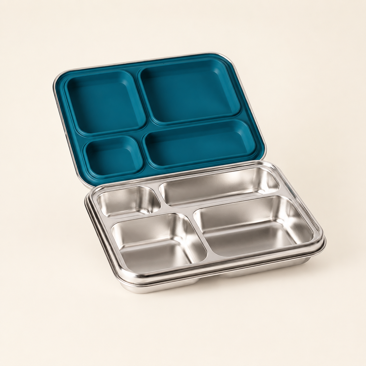 LEKKABOX Maxi Edelstahl-Brotdose mit 4 Fächern und optionaler Gravur – geöffnete Bento Box aus Edelstahl