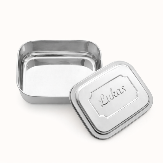 Personalisierte Edelstahl Brotdose mit graviertem Kindername auf dem Deckel – nachhaltige Lunchbox für Kindergarten und Schule