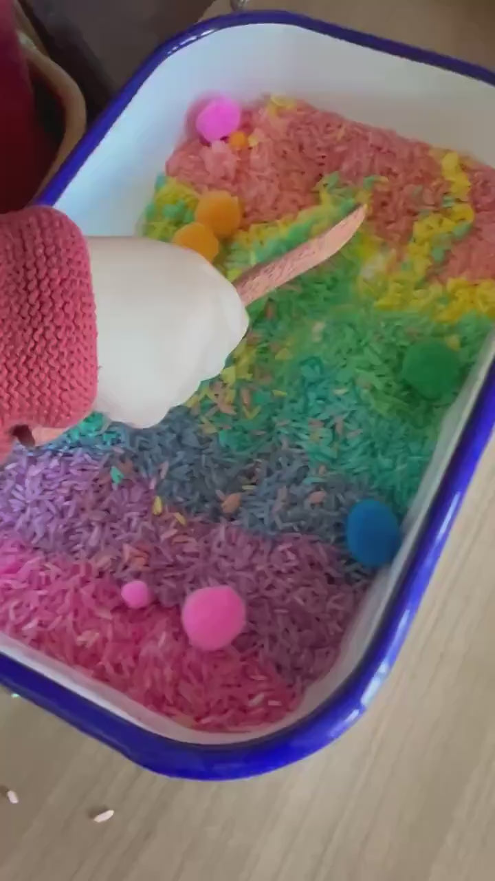 Duft Sensorik Reis für Kinder – Montessori Spielmaterial mit Baldini Duftöl | Sensory Play Rice 200g | Farbiger Reis
