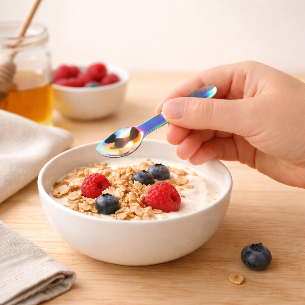 Kleiner Regenbogen-Löffel aus Edelstahl für Kinder beim Essen von Joghurt mit Beeren und Müsli – ideal für Brotdose und unterwegs