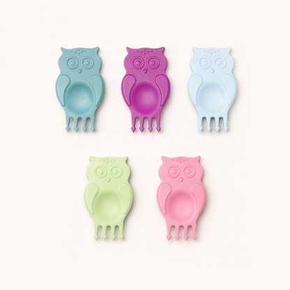 Snack Piekser Kinder Eule 5er Set in Pastellfarben für Brotdose und Snackteller freigestellt auf hellem Hintergrund
