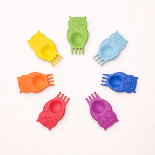 Snack Piekser Kinder Eule buntes Set für Brotdose und Snackteller Übersicht verschiedene Farben auf hellem Hintergrund
