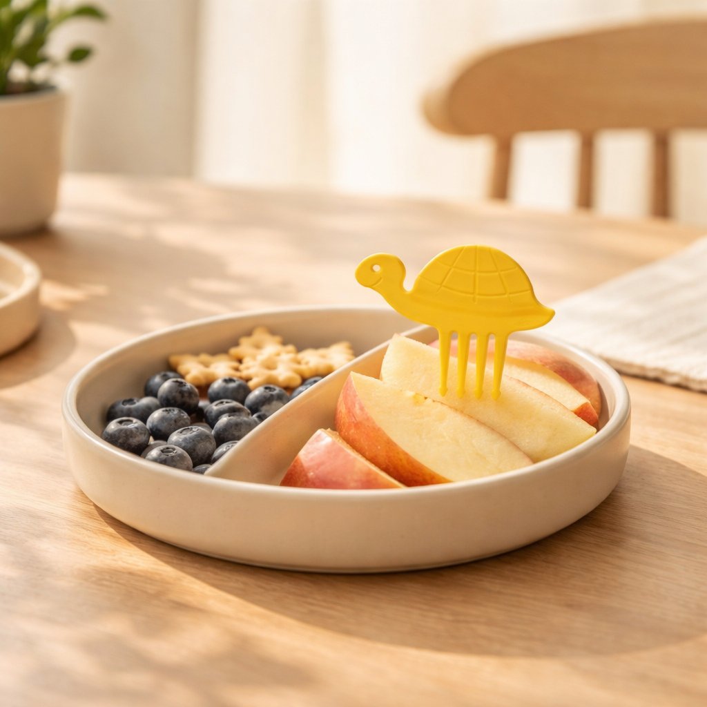Snackpiekser für Kinder im Schildkröten-Design mit Apfelstücken und Snackteller